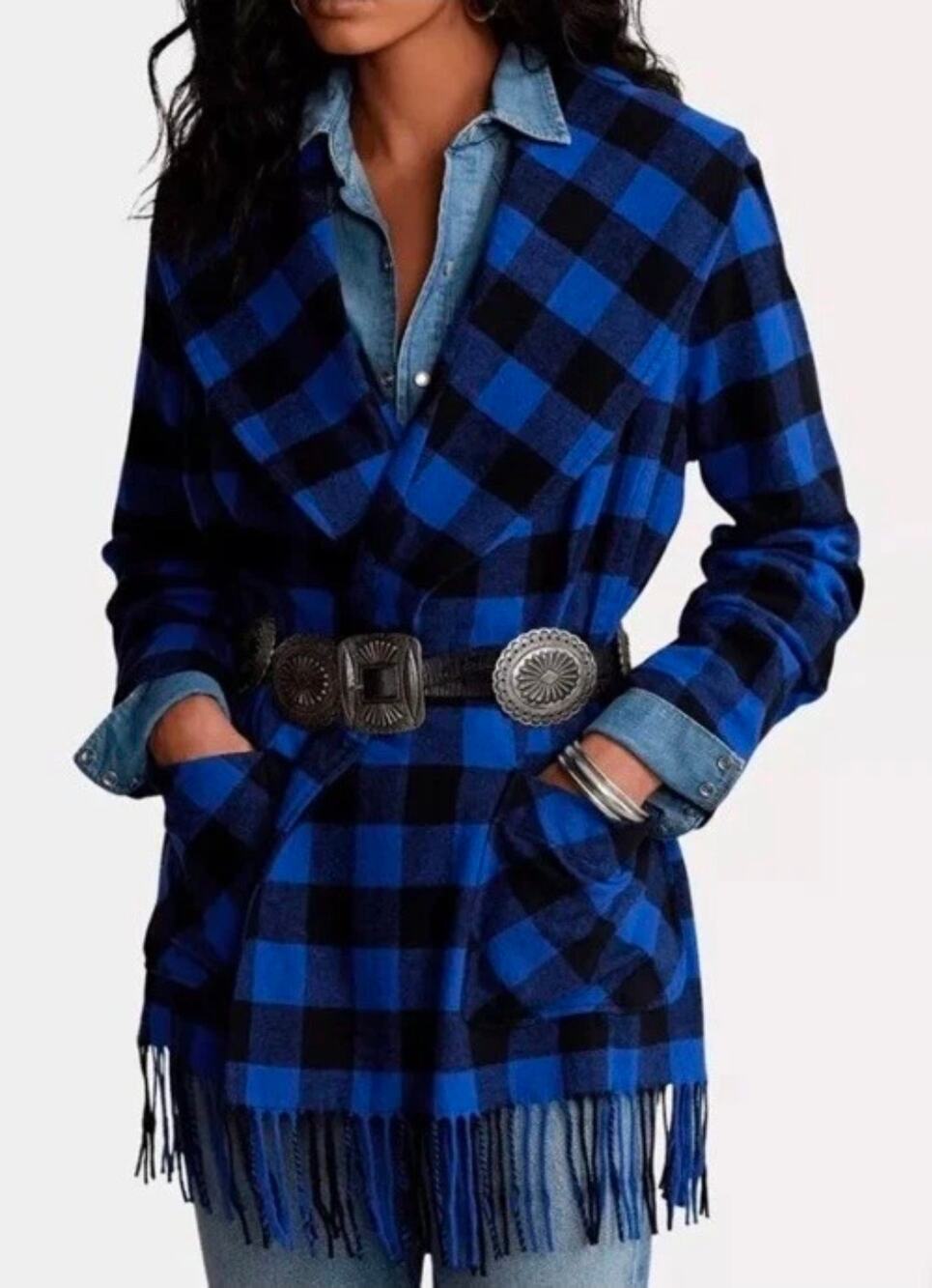 Polo Ralph Lauren Women's med Plaid Fringe Edge Belted Wrap Coat Jacket Blk/Blue